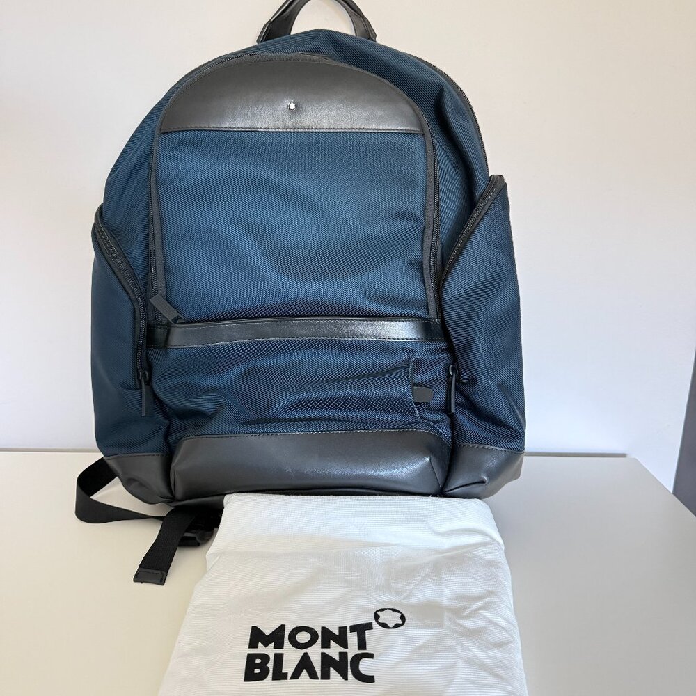 Mont Blanc Backpack Navy Blue Black Leather Trim Computer Slot